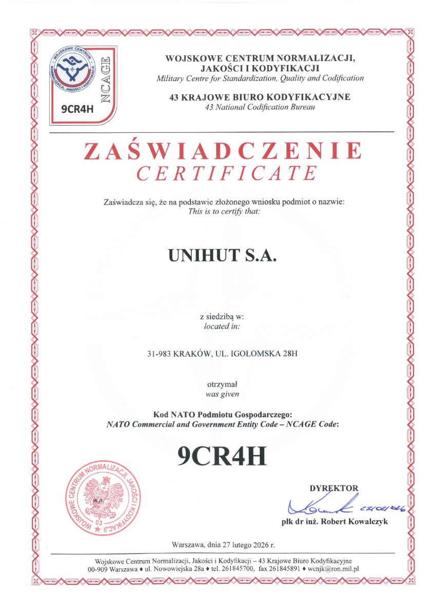Certyfikat NATO 2026 Unihut